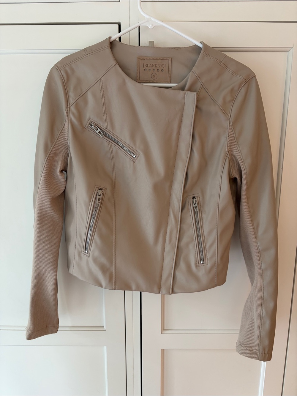 Blank NYC Beige Faux Leather Asymmetrical Moto Jacket